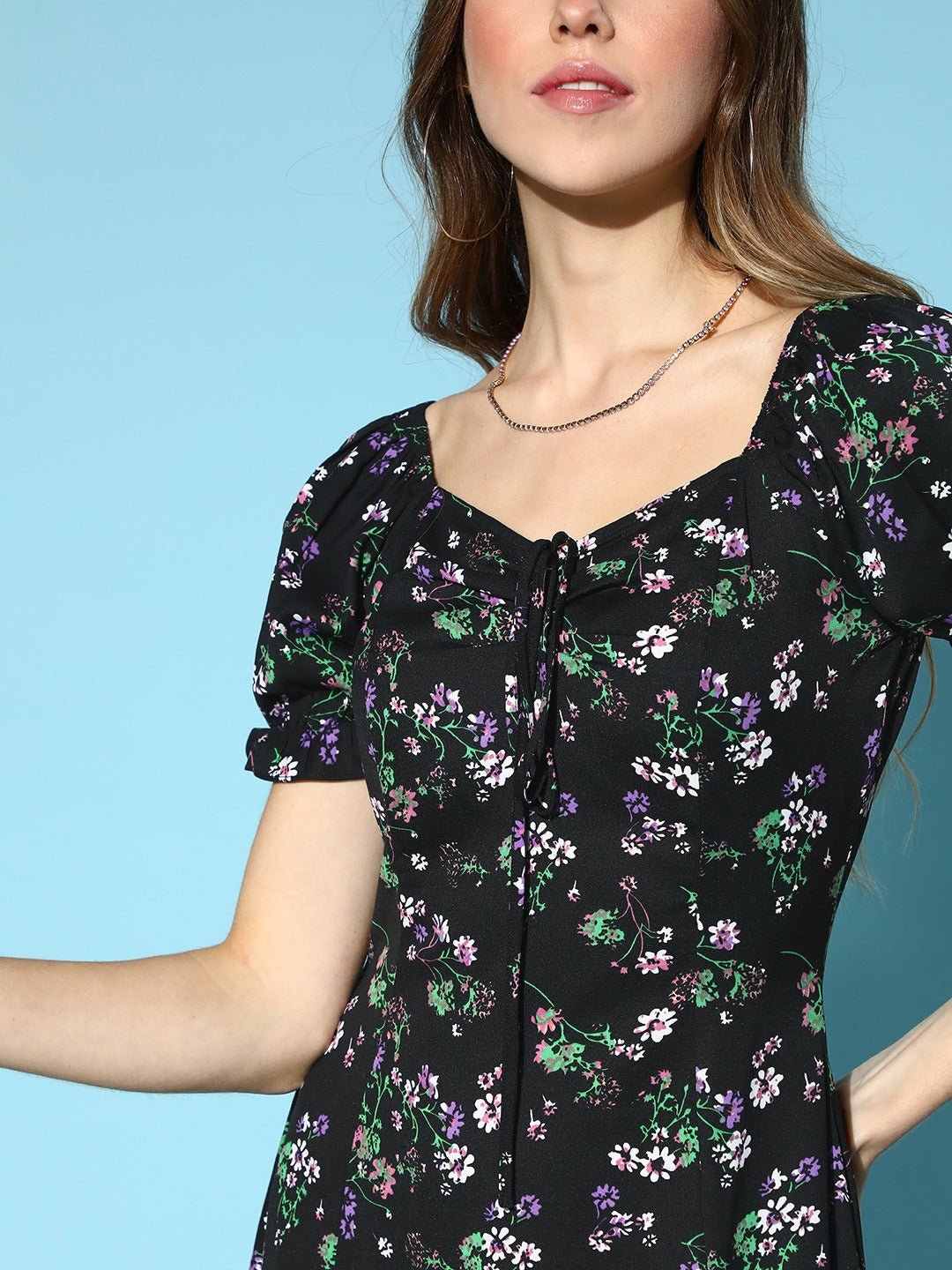 Folk Republic Women Black & Green Floral Printed Sweetheart Neck Tie-Up Front Crepe Flared A-Line Mini Dress - #folk republic#