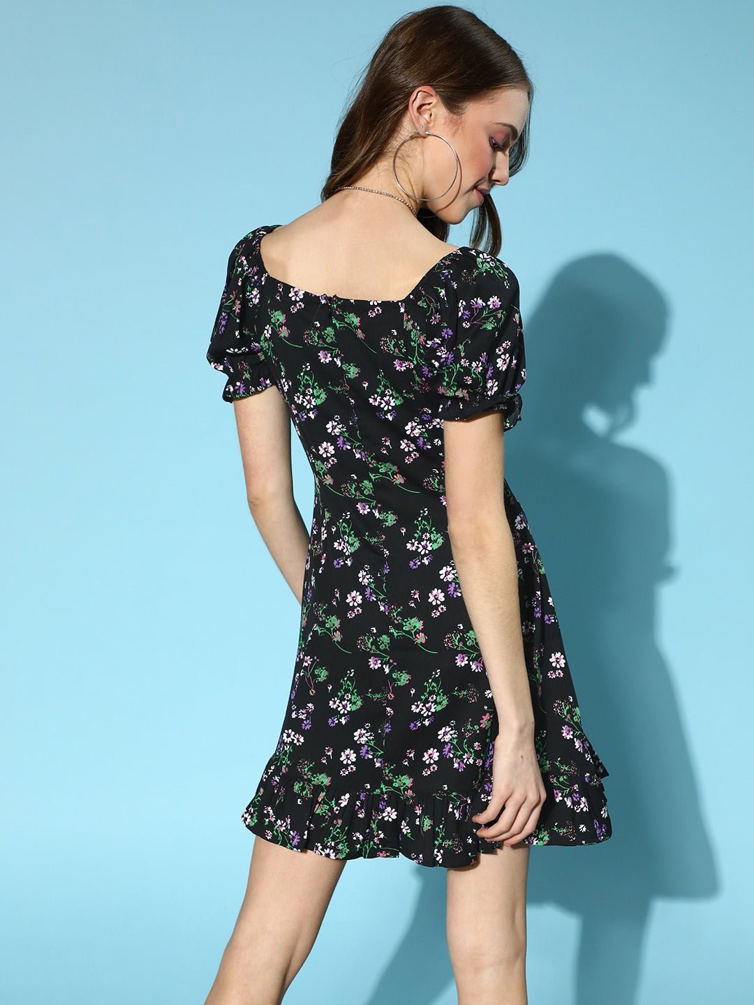 Folk Republic Women Black & Green Floral Printed Sweetheart Neck Tie-Up Front Crepe Flared A-Line Mini Dress - #folk republic#