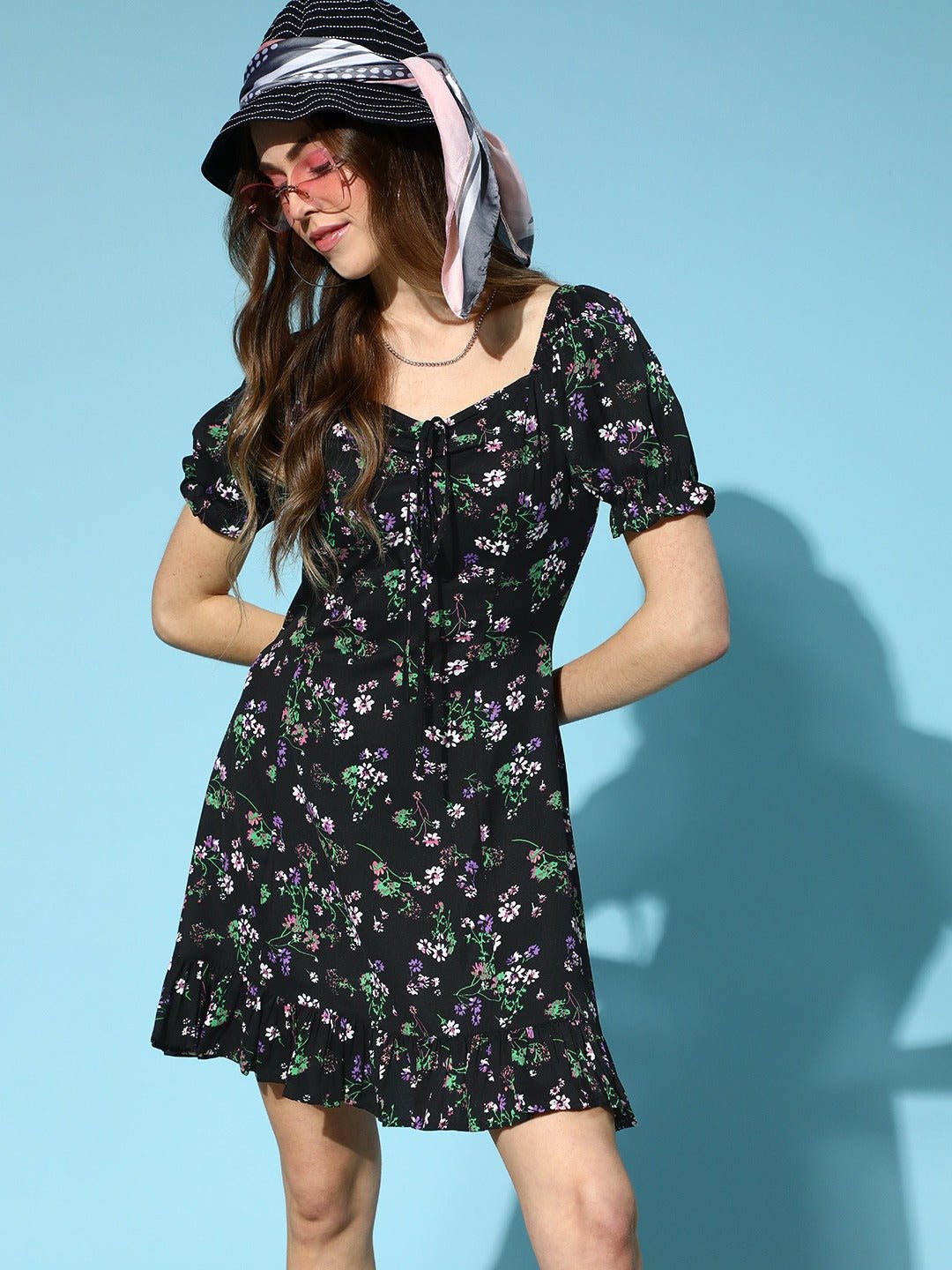 Folk Republic Women Black & Green Floral Printed Sweetheart Neck Tie-Up Front Crepe Flared A-Line Mini Dress - #folk republic#