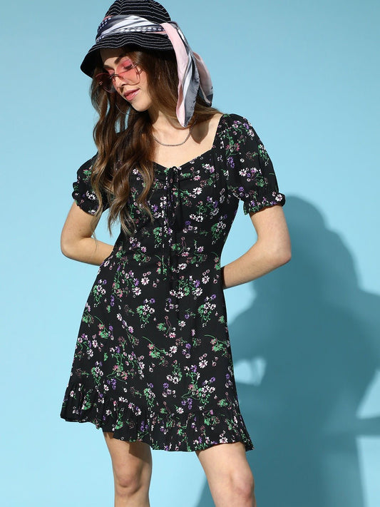 Folk Republic Women Black & Green Floral Printed Sweetheart Neck Tie-Up Front Crepe Flared A-Line Mini Dress - #folk republic#