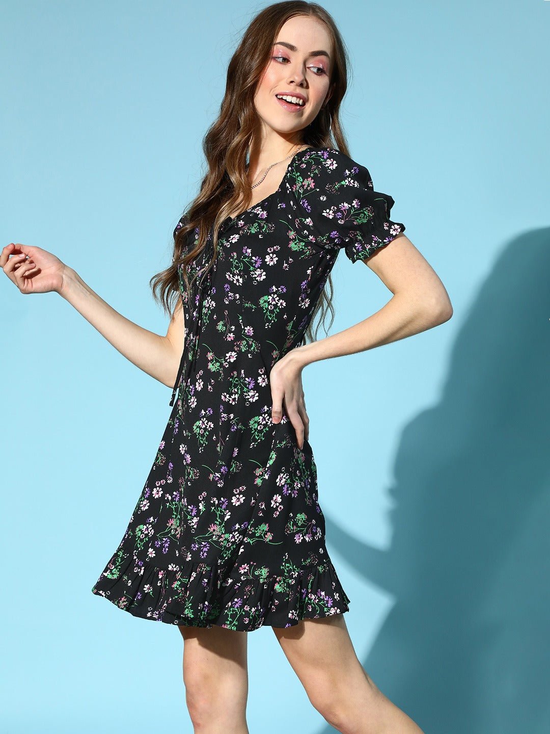 Folk Republic Women Black & Green Floral Printed Sweetheart Neck Tie-Up Front Crepe Flared A-Line Mini Dress - #folk republic#