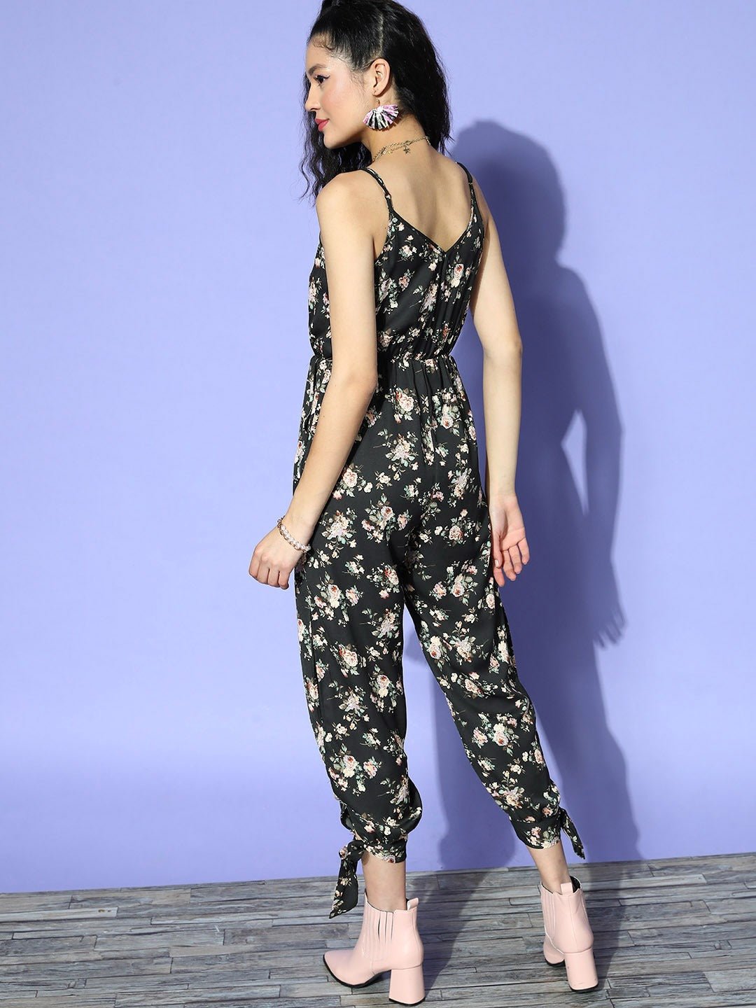 Folk Republic Women Black & Green Floral Printed V-Neck Tie-Up Slit Gathered Cami Regular Jumpsuit - #folk republic#