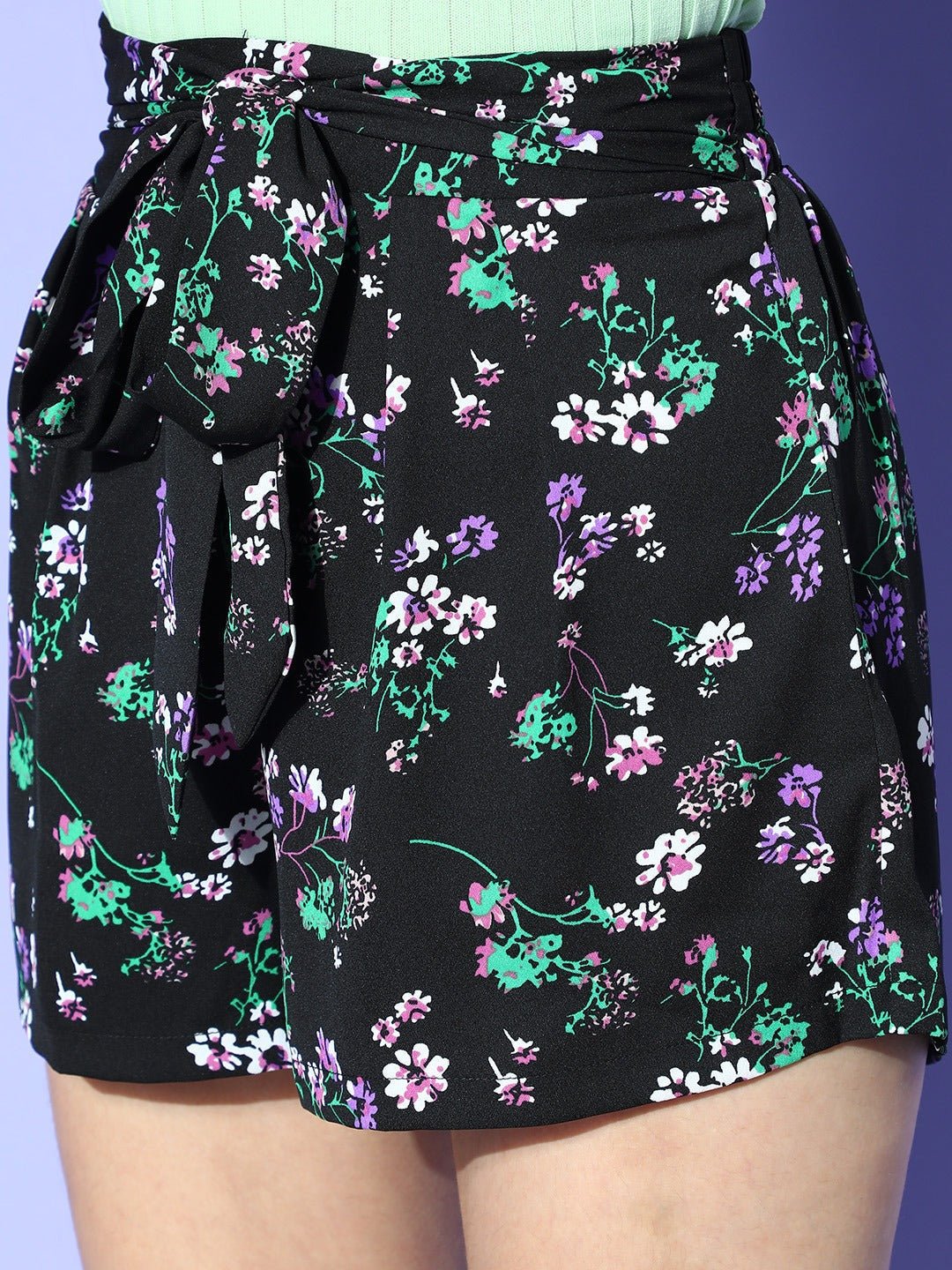 Folk Republic Women Black, Green, & Purple Floral Printed Tie-Up High-Rise Elastic Waist Shorts - #folk republic#