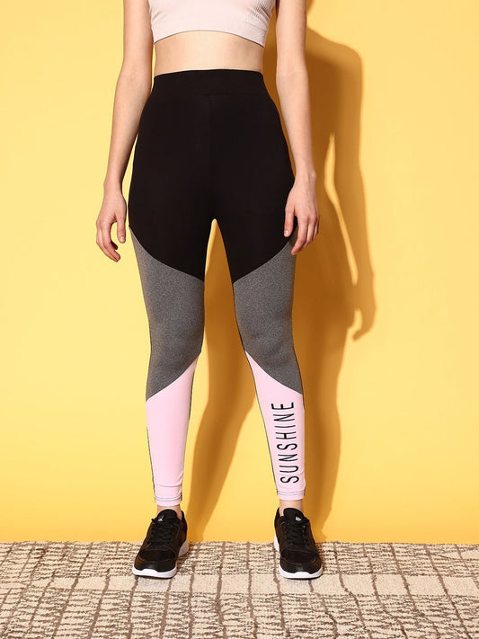 Folk Republic Women Black, Grey, & Pink Colourblock Pattern Elastic High-Rise Waist Slip-On Regular Sports Tights - #folk republic#