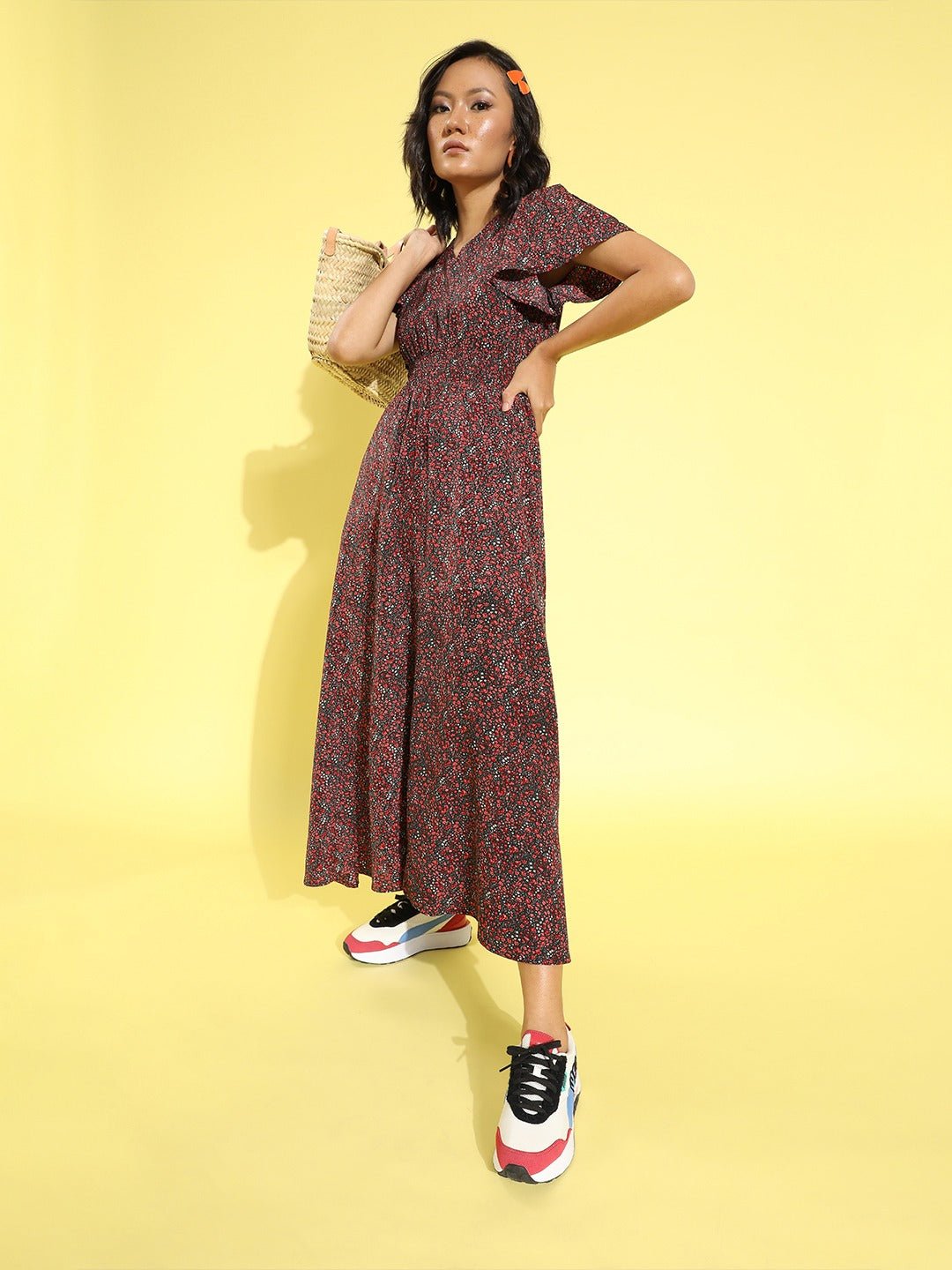 Folk Republic Women Black & Multicolour Floral Printed V-Neck Crepe Flared Fit & Flare Maxi Dress - #folk republic#