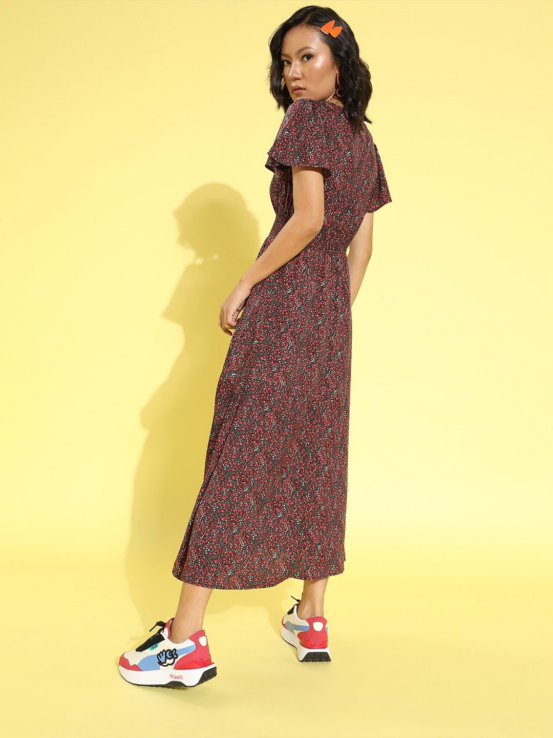 Folk Republic Women Black & Multicolour Floral Printed V-Neck Crepe Flared Fit & Flare Maxi Dress - #folk republic#