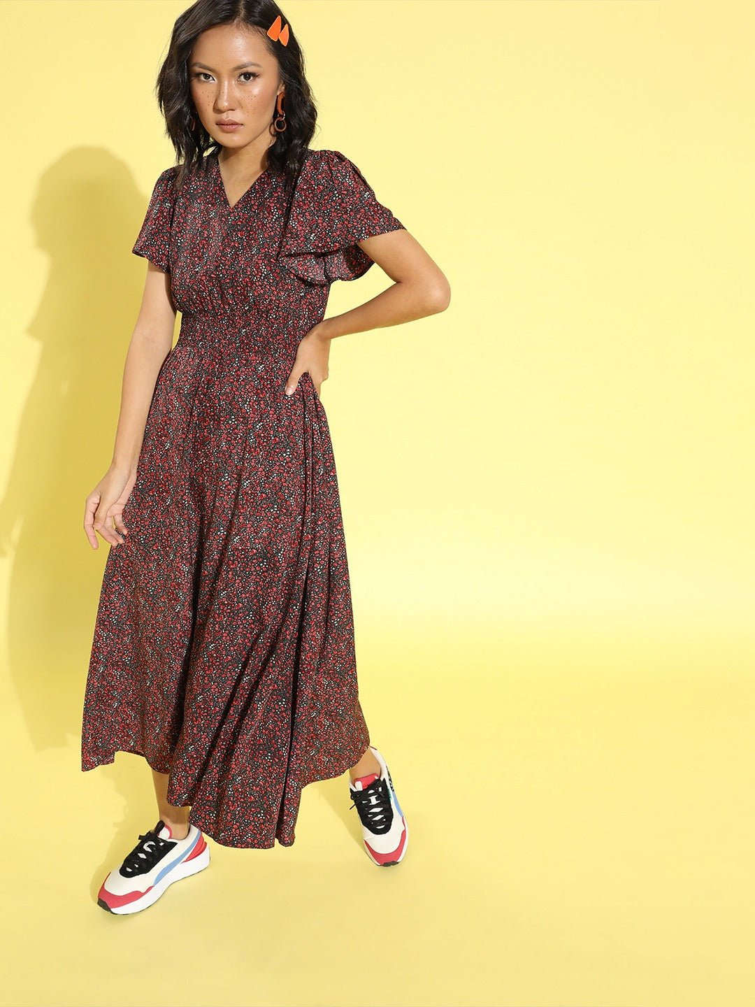 Folk Republic Women Black & Multicolour Floral Printed V-Neck Crepe Flared Fit & Flare Maxi Dress - #folk republic#