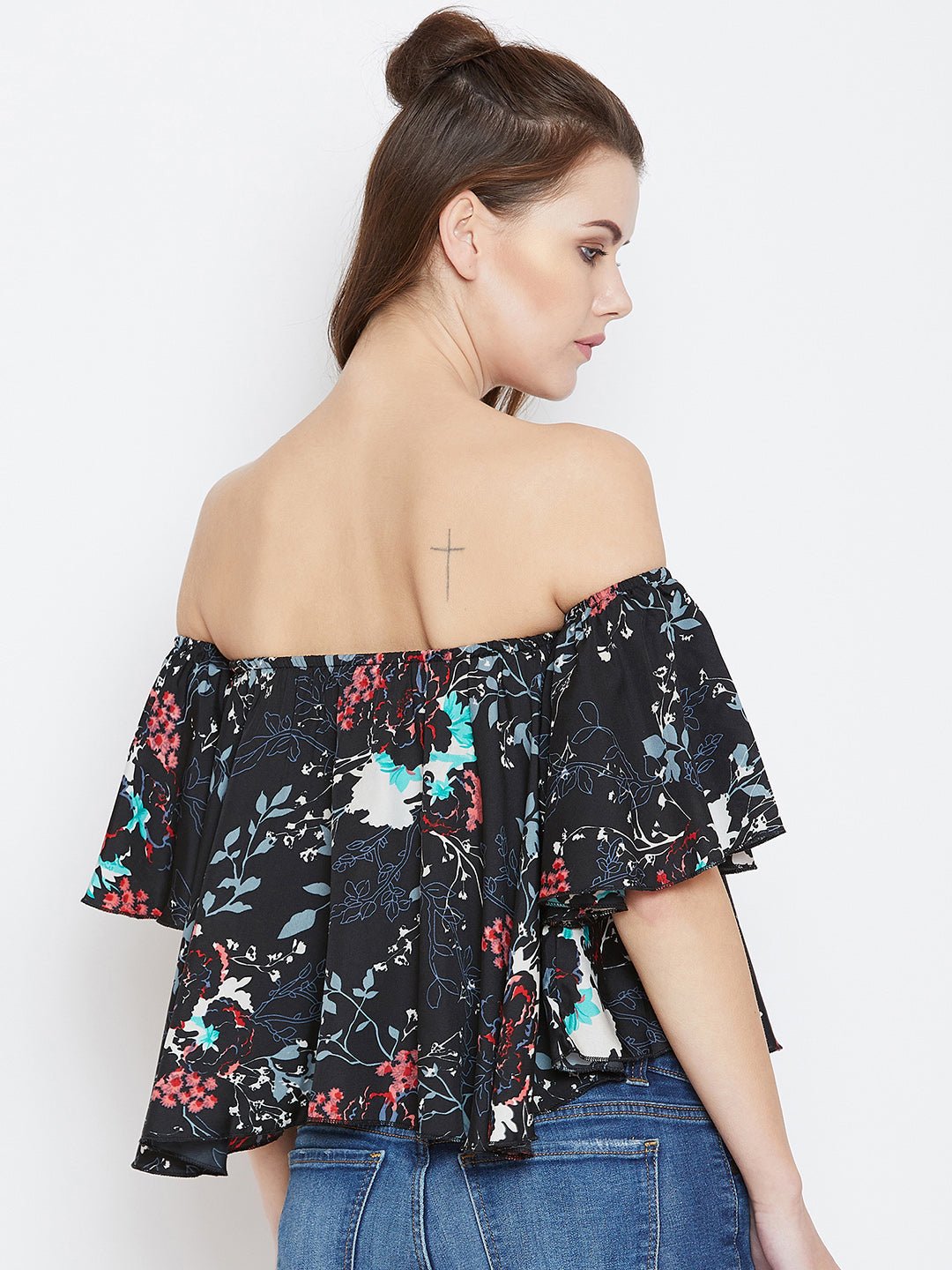 Folk Republic Women Black & Multicoloured Floral Printed Off-Shoulder Neck Ruffled Crop Bardot Top - #folk republic#