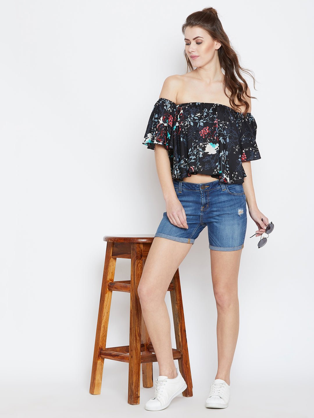 Folk Republic Women Black & Multicoloured Floral Printed Off-Shoulder Neck Ruffled Crop Bardot Top - #folk republic#