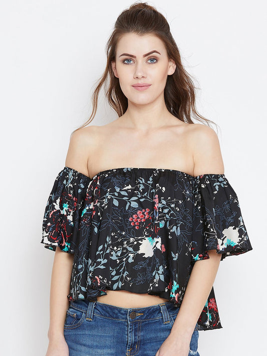 Folk Republic Women Black & Multicoloured Floral Printed Off-Shoulder Neck Ruffled Crop Bardot Top - #folk republic#