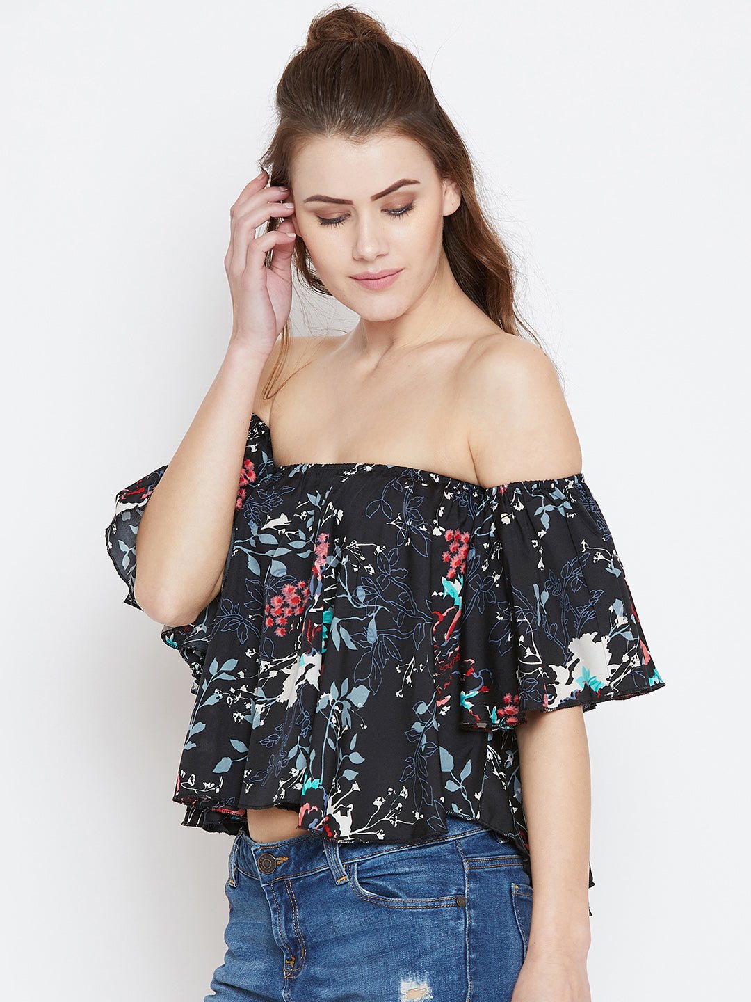 Folk Republic Women Black & Multicoloured Floral Printed Off-Shoulder Neck Ruffled Crop Bardot Top - #folk republic#