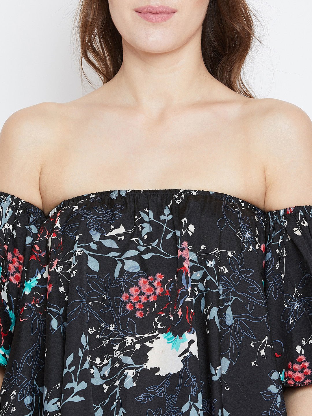 Folk Republic Women Black & Multicoloured Floral Printed Off-Shoulder Neck Ruffled Crop Bardot Top - #folk republic#