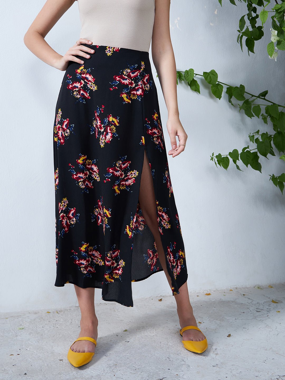 Folk Republic Women Black & Orange Floral Printed Thigh-High Slit Flared A-Line Midi Skirt - #folk republic#