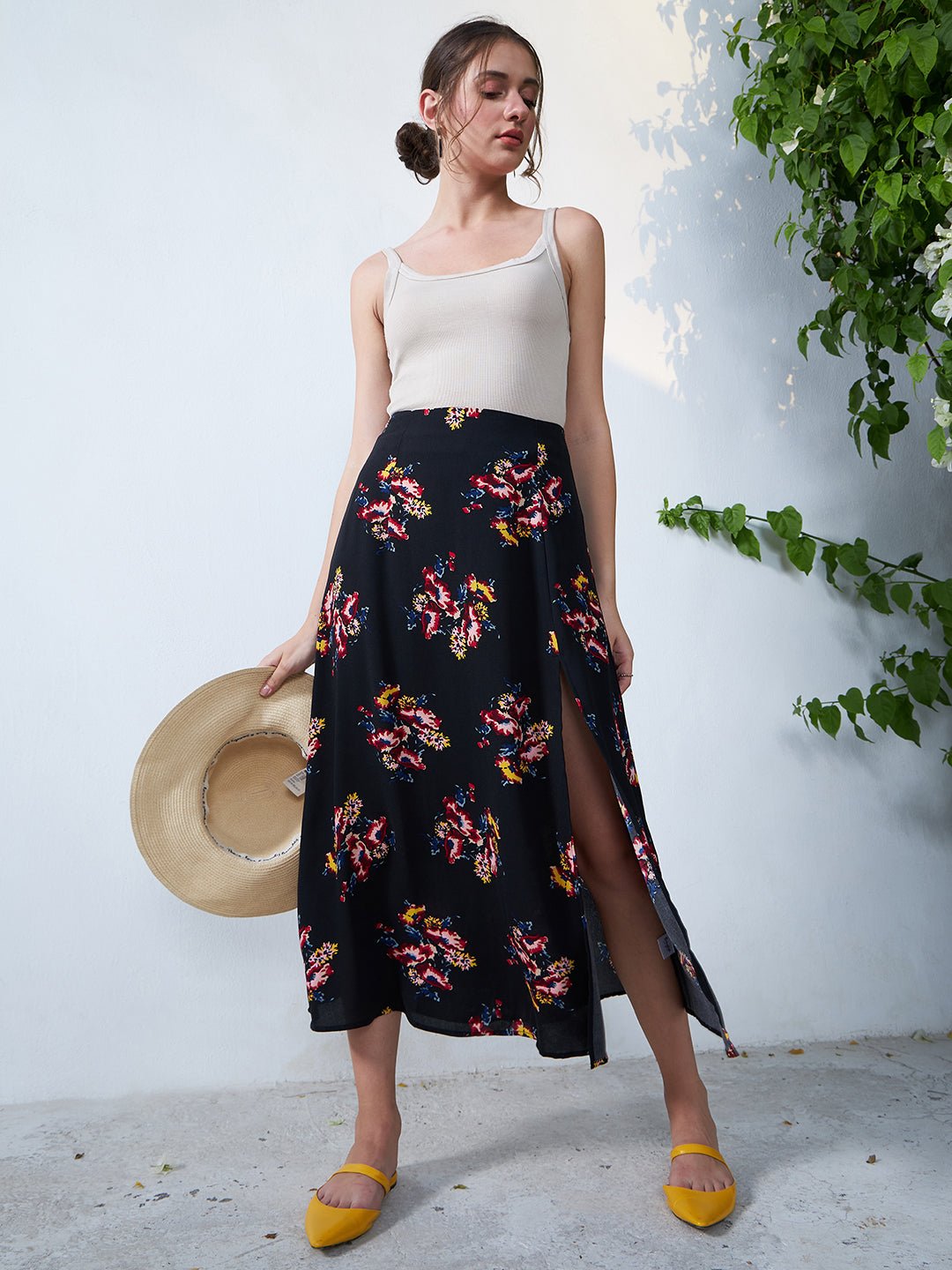 Folk Republic Women Black & Orange Floral Printed Thigh-High Slit Flared A-Line Midi Skirt - #folk republic#