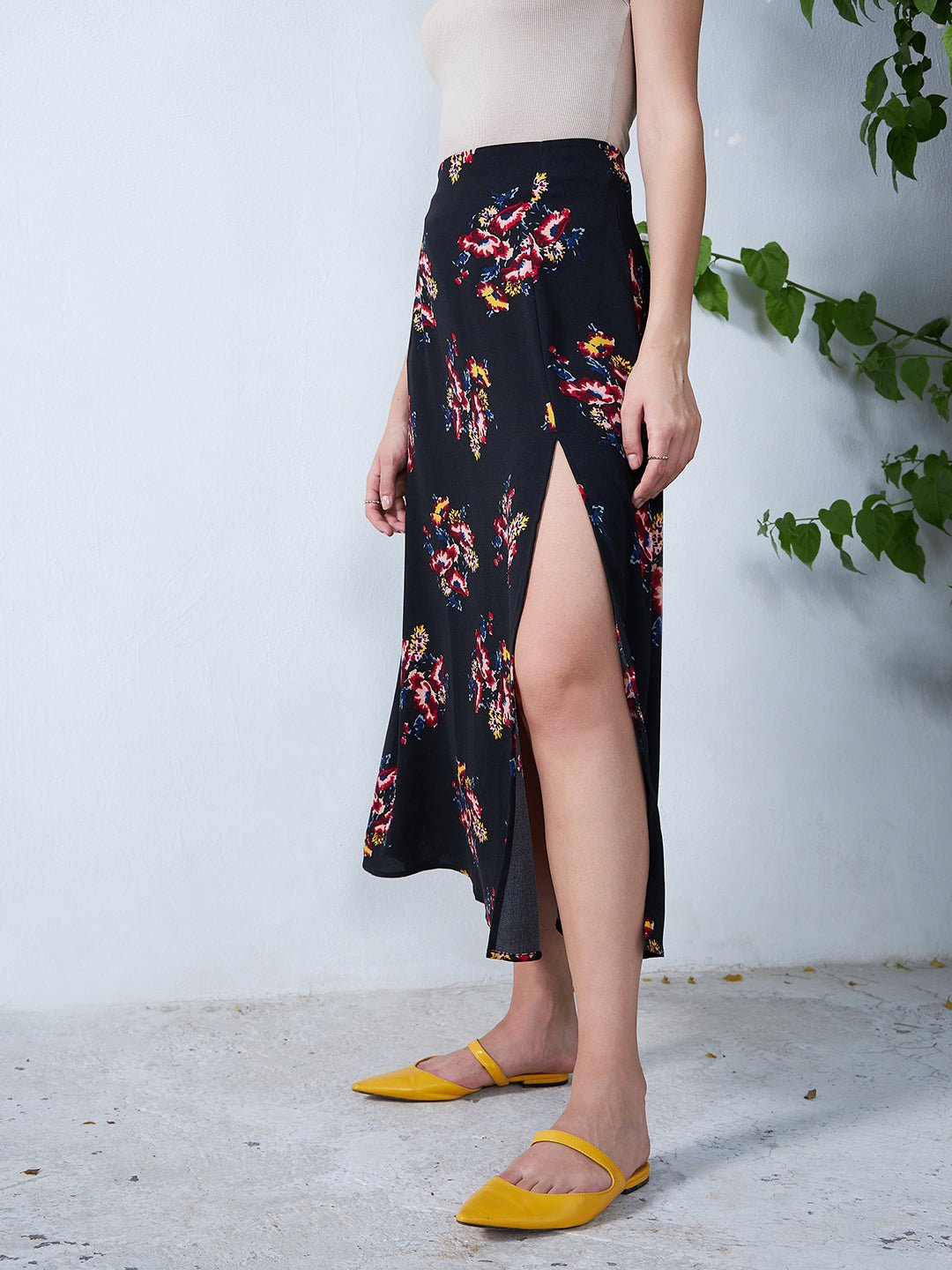 Folk Republic Women Black & Orange Floral Printed Thigh-High Slit Flared A-Line Midi Skirt - #folk republic#
