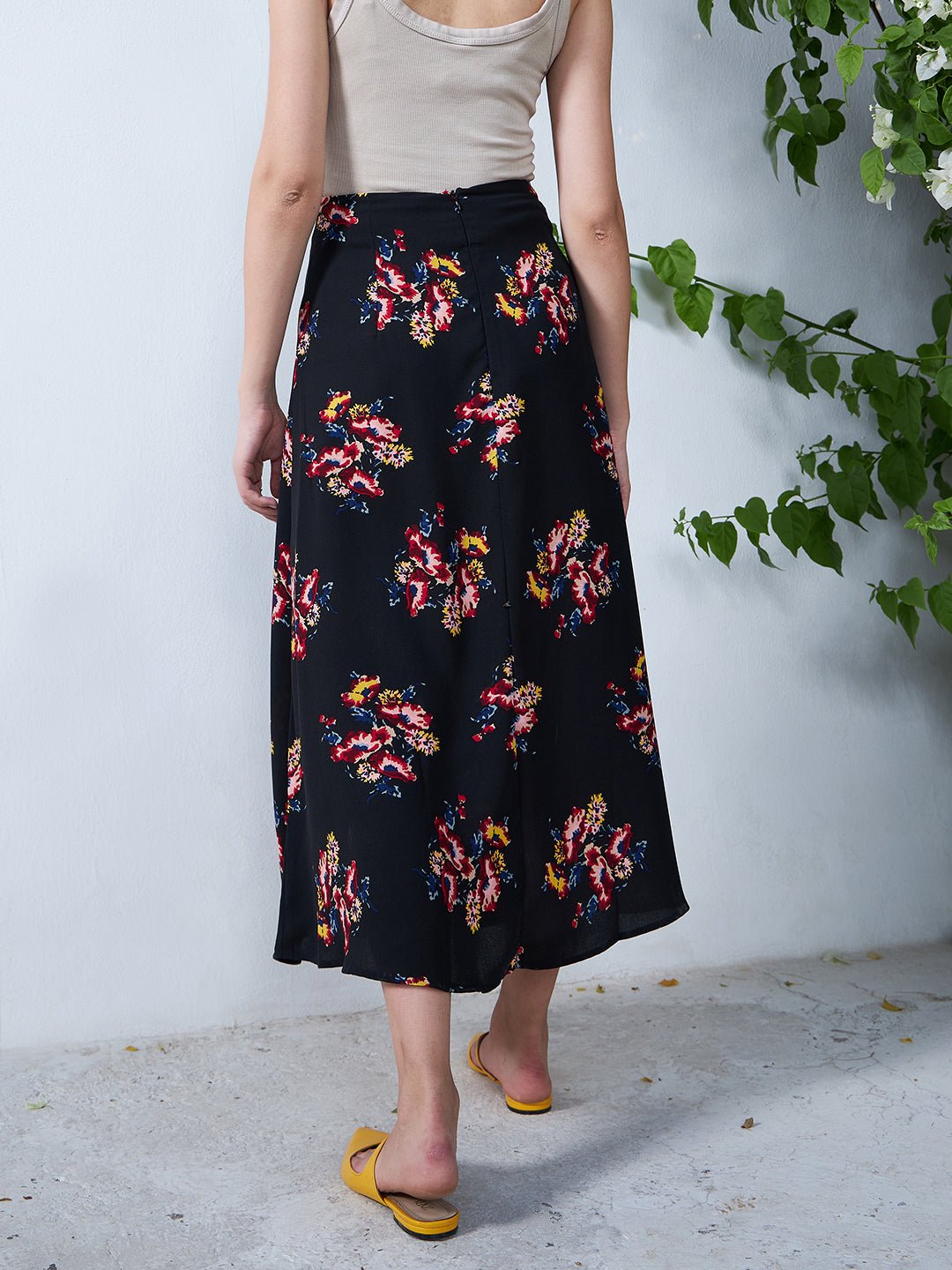 Folk Republic Women Black & Orange Floral Printed Thigh-High Slit Flared A-Line Midi Skirt - #folk republic#