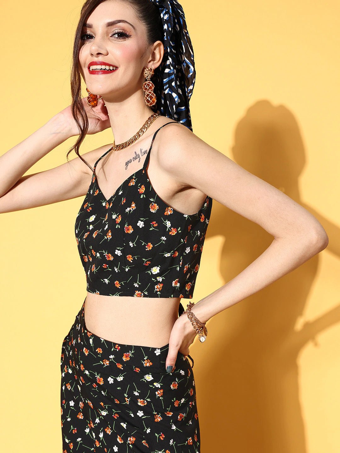 Folk Republic Women Black & Orange Floral Printed V-Neck Crop Top & Side-Slit Trousers Co-Ord Set - #folk republic#