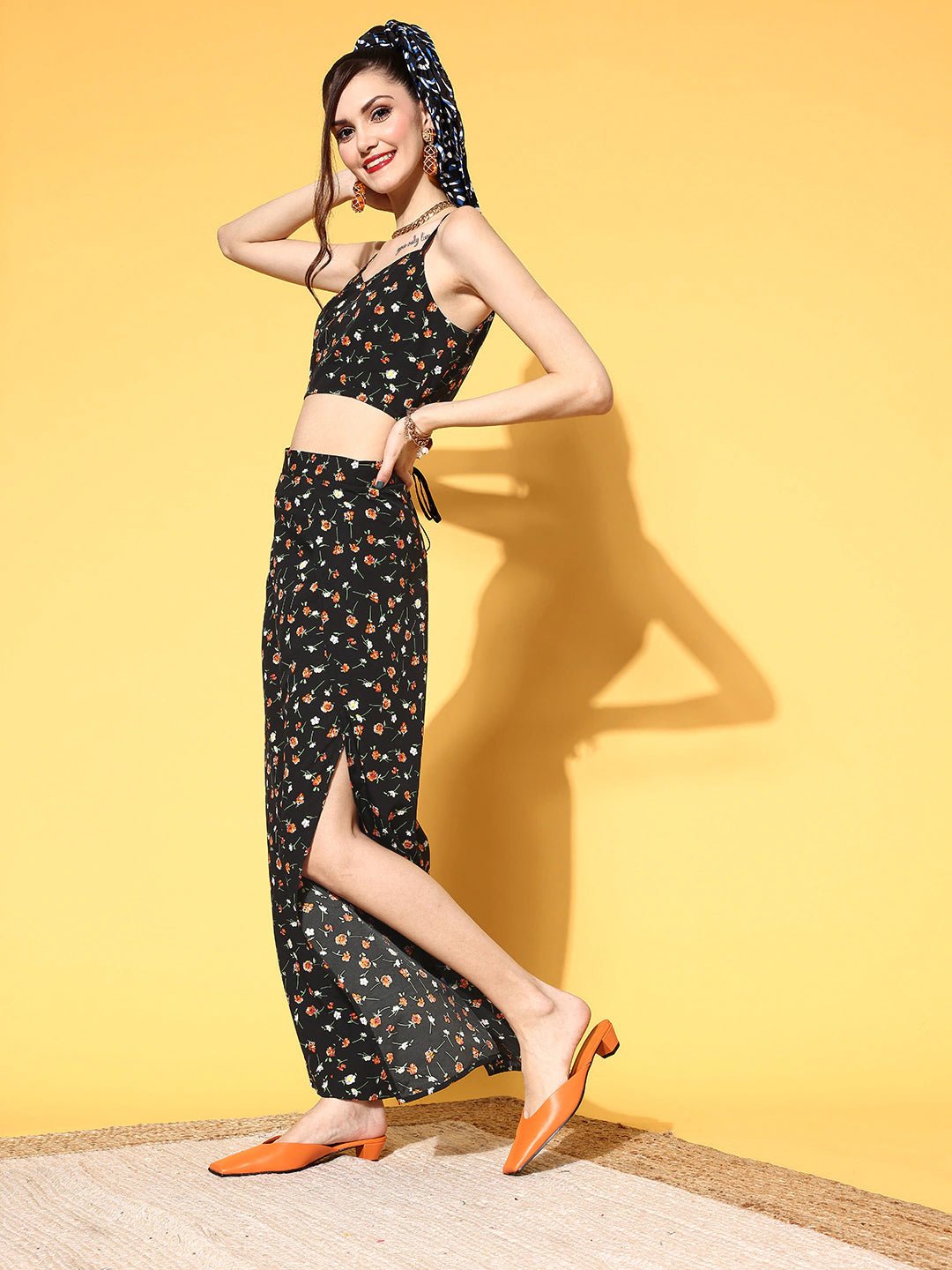 Folk Republic Women Black & Orange Floral Printed V-Neck Crop Top & Side-Slit Trousers Co-Ord Set - #folk republic#