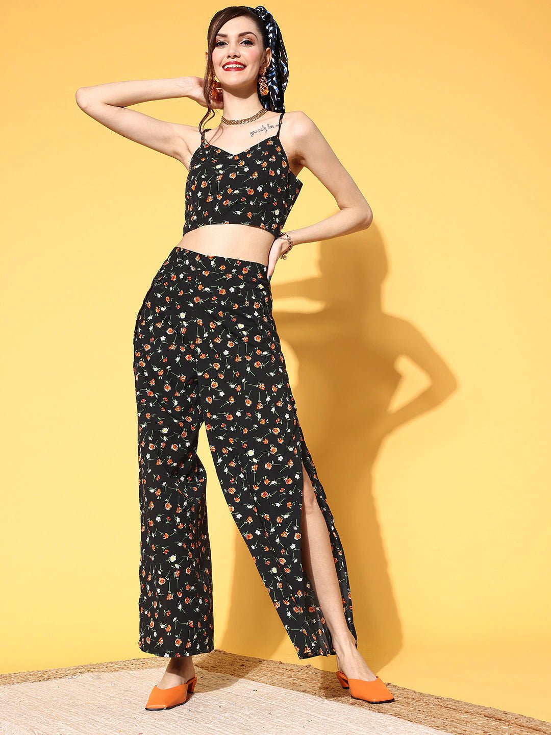 Folk Republic Women Black & Orange Floral Printed V-Neck Crop Top & Side-Slit Trousers Co-Ord Set - #folk republic#