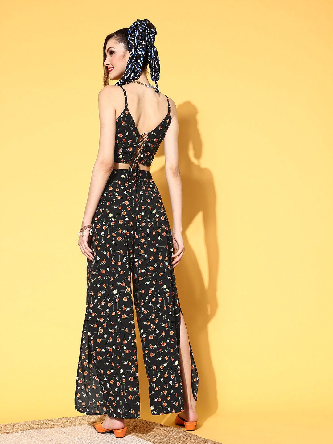 Folk Republic Women Black & Orange Floral Printed V-Neck Crop Top & Side-Slit Trousers Co-Ord Set - #folk republic#