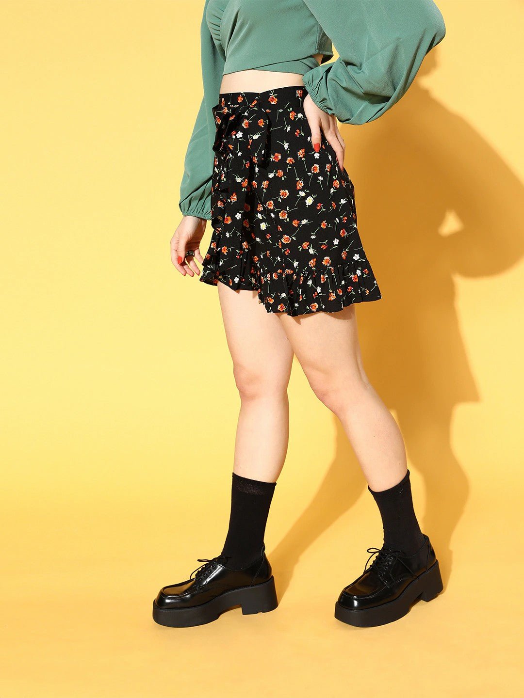 Folk Republic Women Black & Orange Floral Printed Waist Tie-Up Ruffled Wrap Mini Skirt - #folk republic#