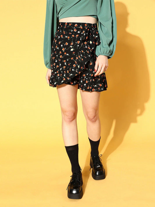 Folk Republic Women Black & Orange Floral Printed Waist Tie-Up Ruffled Wrap Mini Skirt - #folk republic#