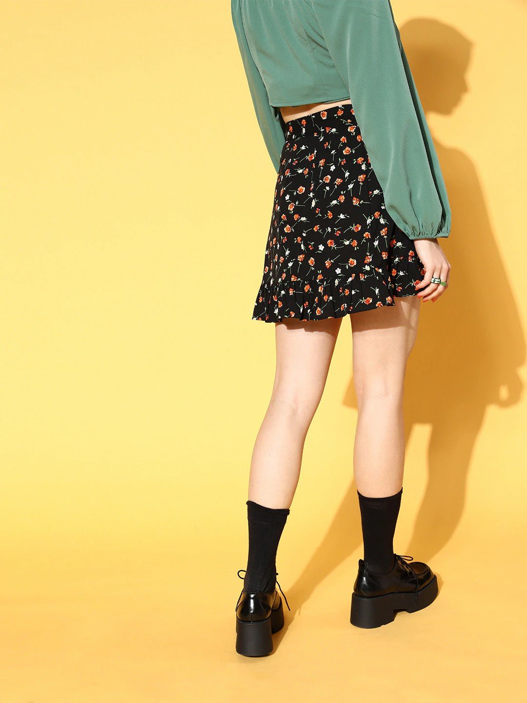 Folk Republic Women Black & Orange Floral Printed Waist Tie-Up Ruffled Wrap Mini Skirt - #folk republic#