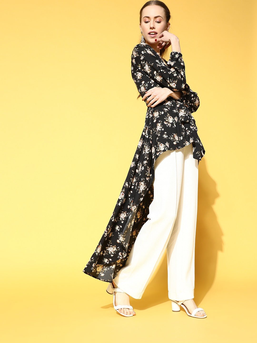 Folk Republic Women Black & Peach Floral Printed V-Neck High-Low Longline Top - #folk republic#