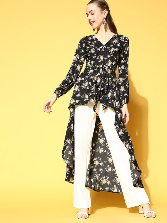 Folk Republic Women Black & Peach Floral Printed V-Neck High-Low Longline Top - #folk republic#
