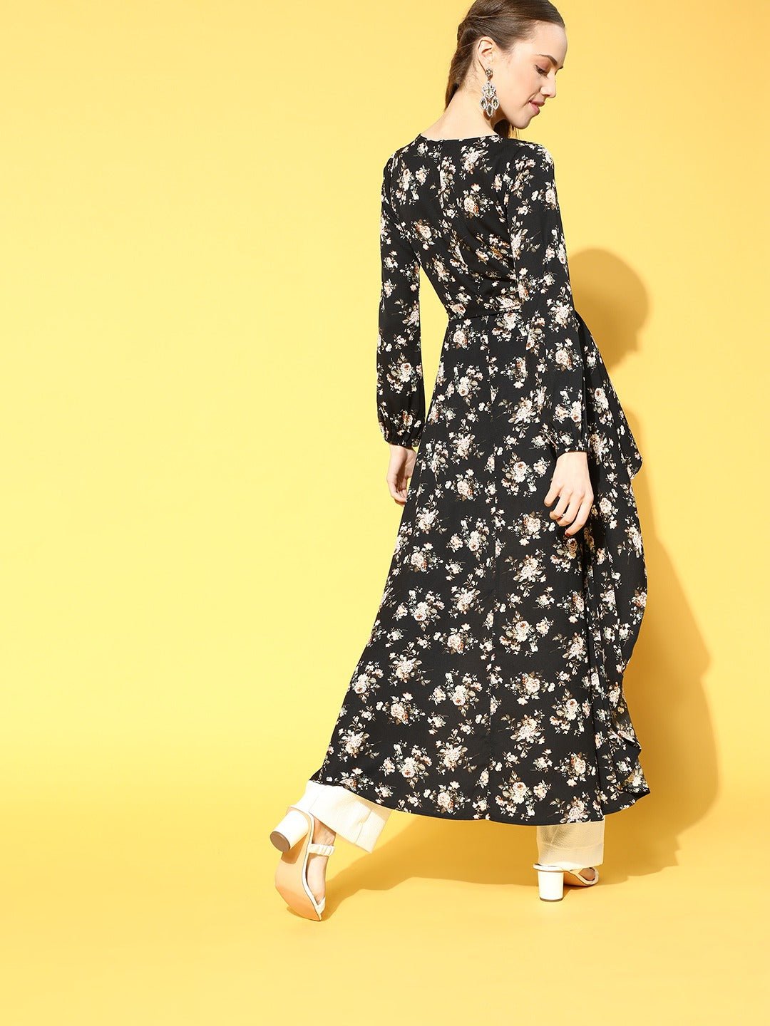 Folk Republic Women Black & Peach Floral Printed V-Neck High-Low Longline Top - #folk republic#