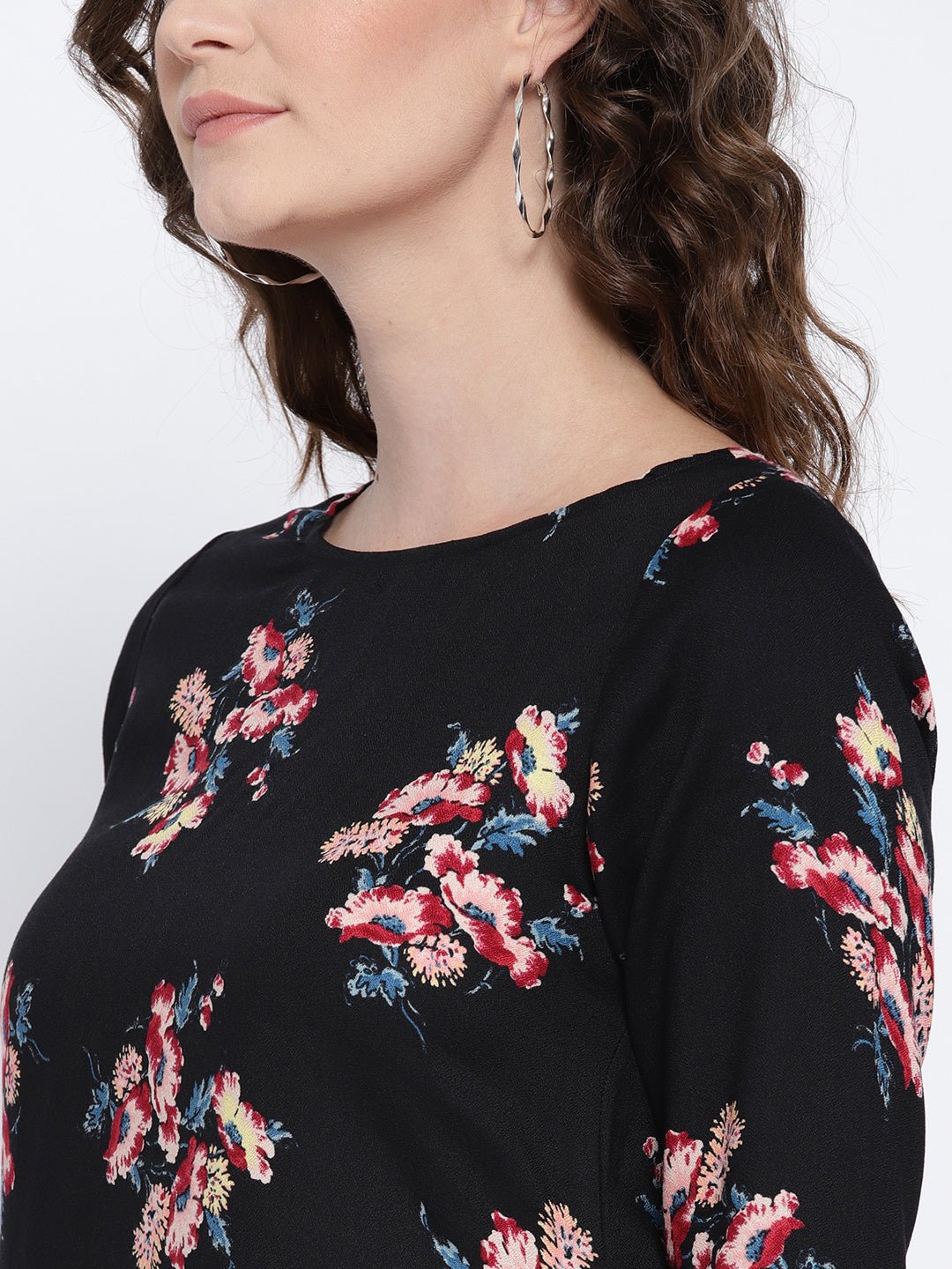 Folk Republic Women Black & Pink Floral Printed Boat Neck Longline High-Low Top - #folk republic#
