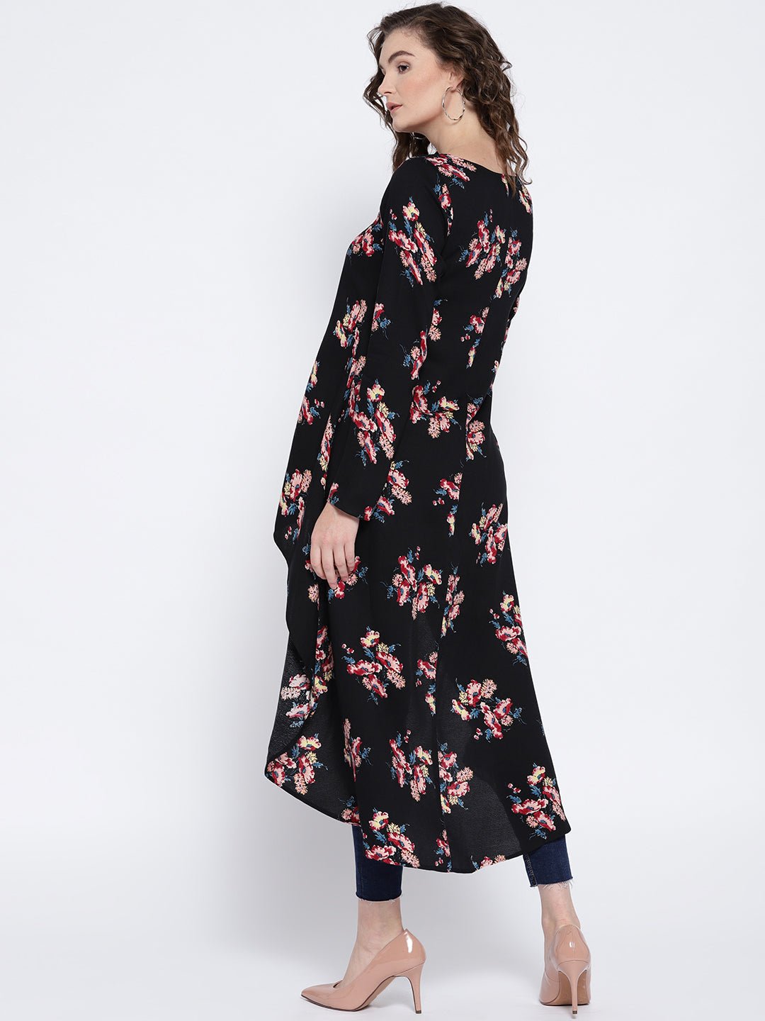 Folk Republic Women Black & Pink Floral Printed Boat Neck Longline High-Low Top - #folk republic#