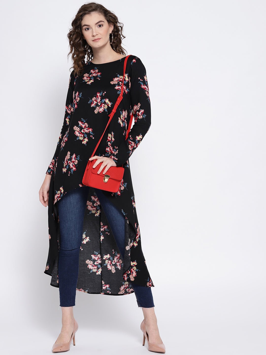 Folk Republic Women Black & Pink Floral Printed Boat Neck Longline High-Low Top - #folk republic#