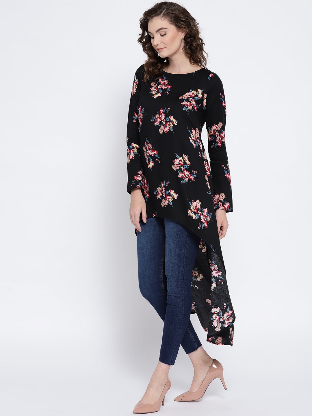 Folk Republic Women Black & Pink Floral Printed Boat Neck Longline High-Low Top - #folk republic#