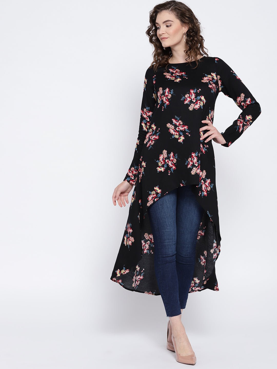 Folk Republic Women Black & Pink Floral Printed Boat Neck Longline High-Low Top - #folk republic#