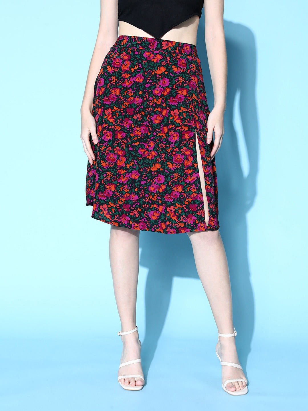 Folk Republic Women Black & Pink Floral Printed Thigh-High Slit Flared A-Line Midi Skirt - #folk republic#