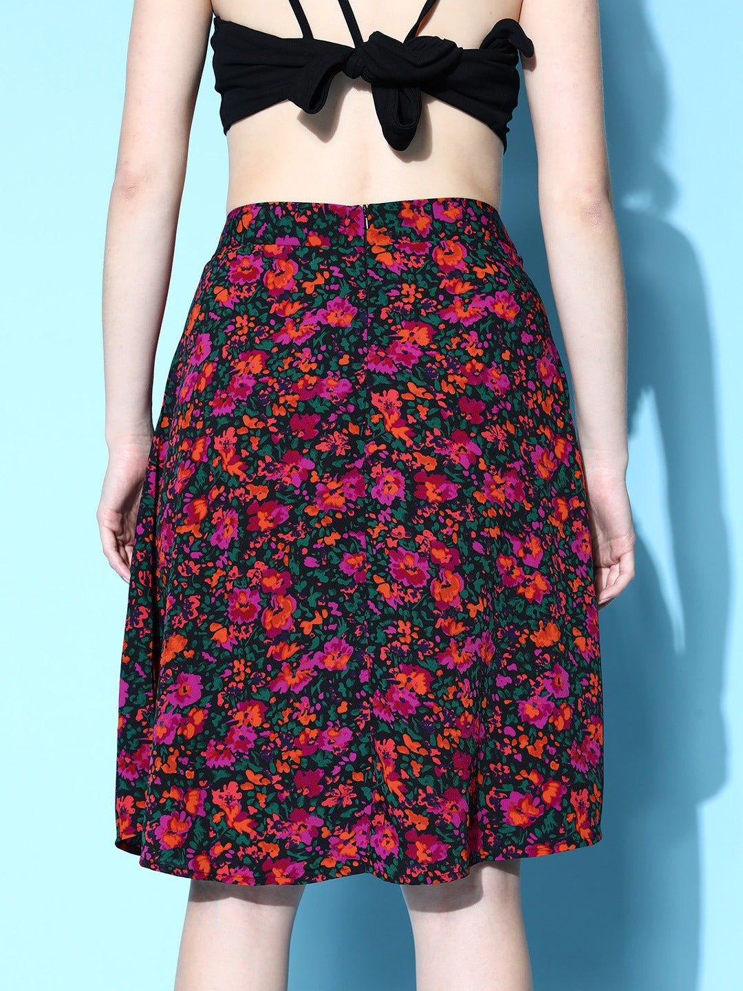 Folk Republic Women Black & Pink Floral Printed Thigh-High Slit Flared A-Line Midi Skirt - #folk republic#