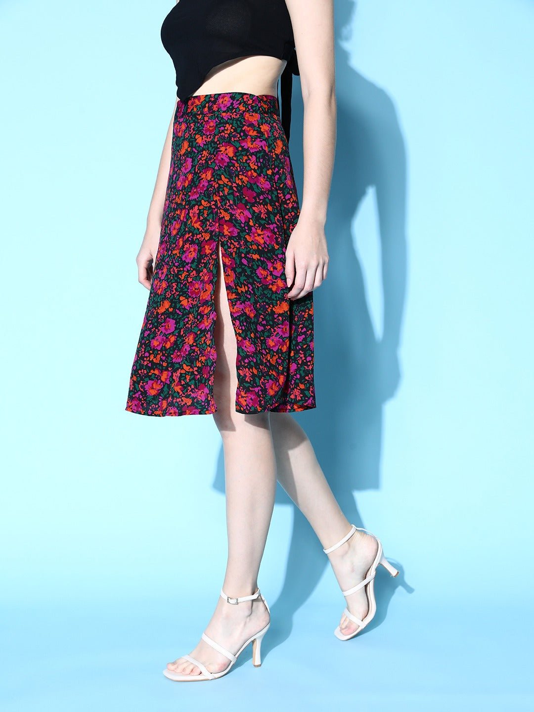 Folk Republic Women Black & Pink Floral Printed Thigh-High Slit Flared A-Line Midi Skirt - #folk republic#
