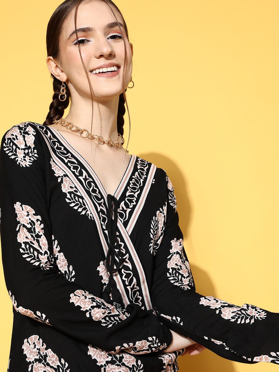 Folk Republic Women Black & Pink Floral Printed V-Neck Front Tie-Up Cotton Wrap Top - #folk republic#