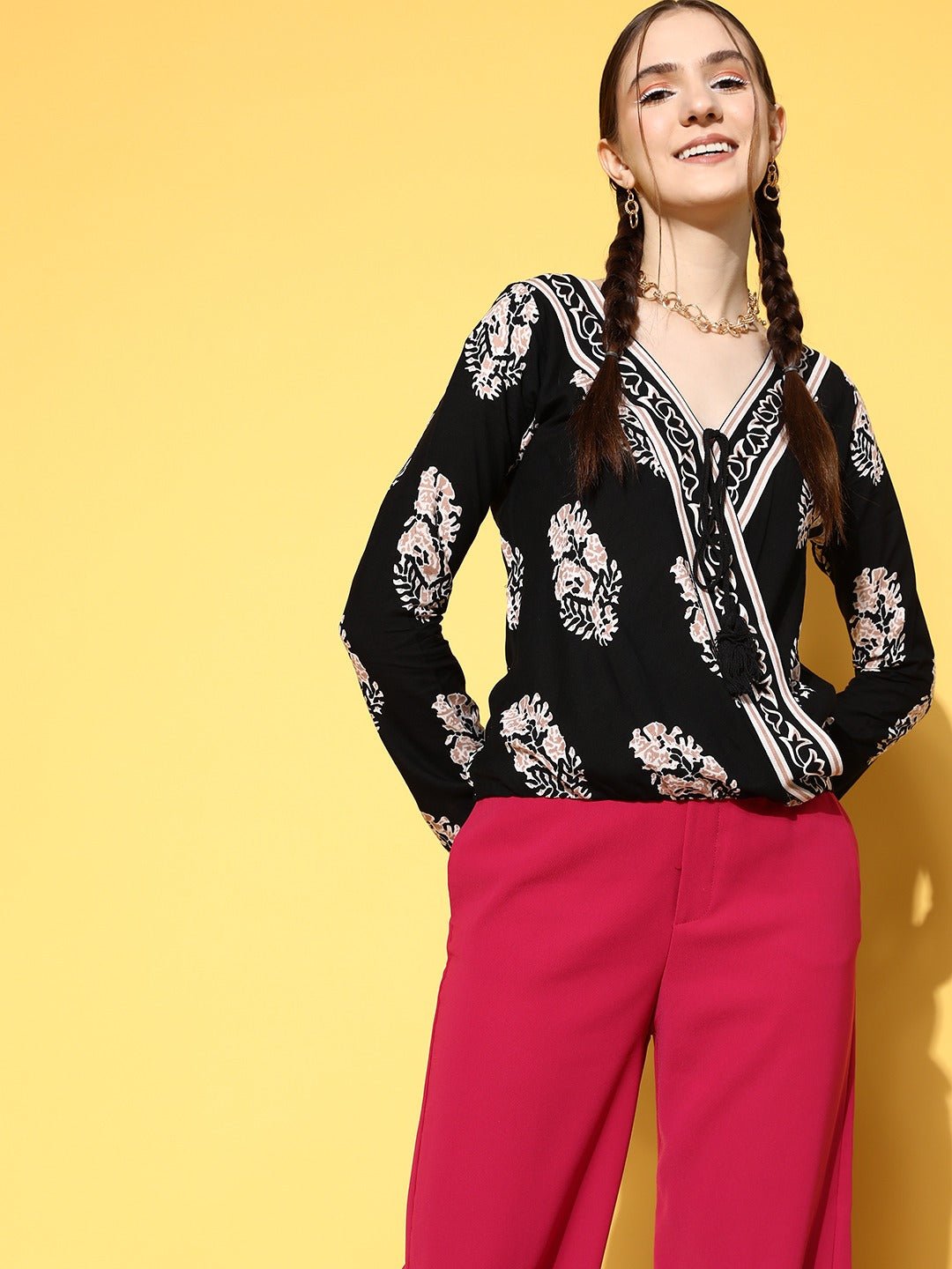 Folk Republic Women Black & Pink Floral Printed V-Neck Front Tie-Up Cotton Wrap Top - #folk republic#