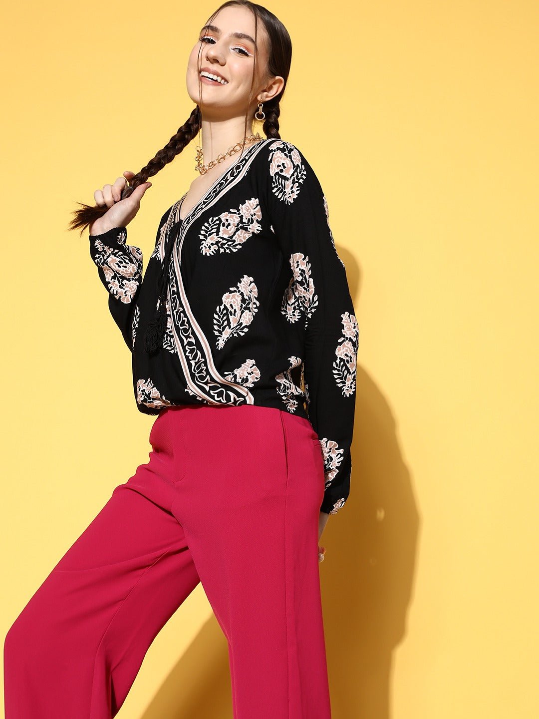 Folk Republic Women Black & Pink Floral Printed V-Neck Front Tie-Up Cotton Wrap Top - #folk republic#