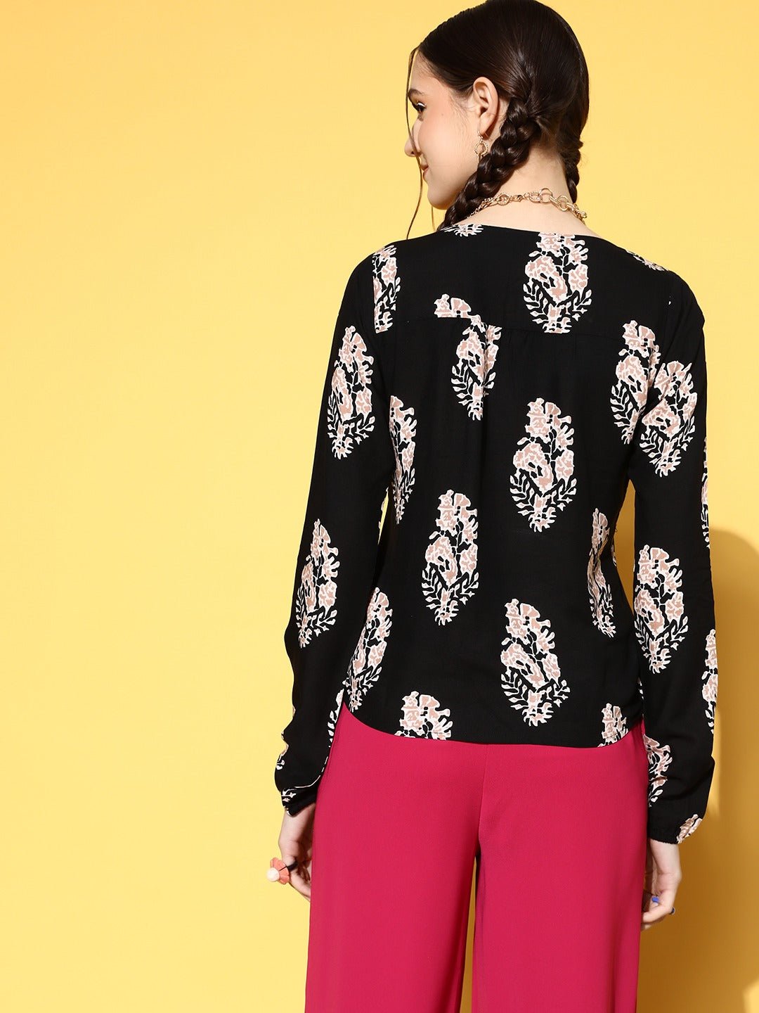 Folk Republic Women Black & Pink Floral Printed V-Neck Front Tie-Up Cotton Wrap Top - #folk republic#