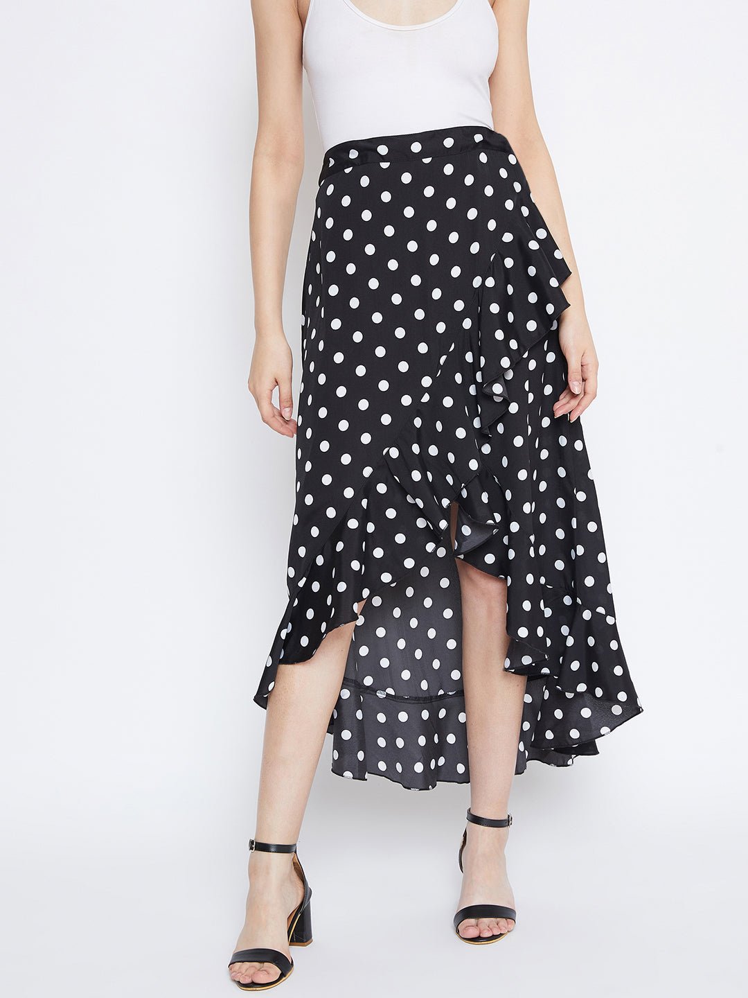 Folk Republic Women Black Polka Dot Print Ruffled Wrap Midi Skirt - #folk republic#