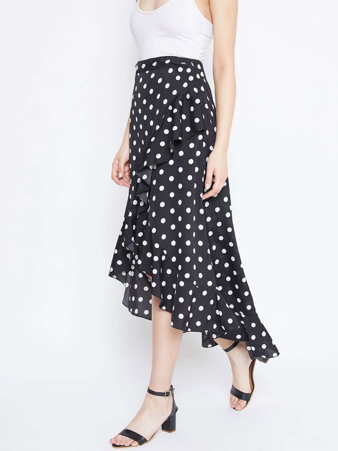Folk Republic Women Black Polka Dot Print Ruffled Wrap Midi Skirt - #folk republic#