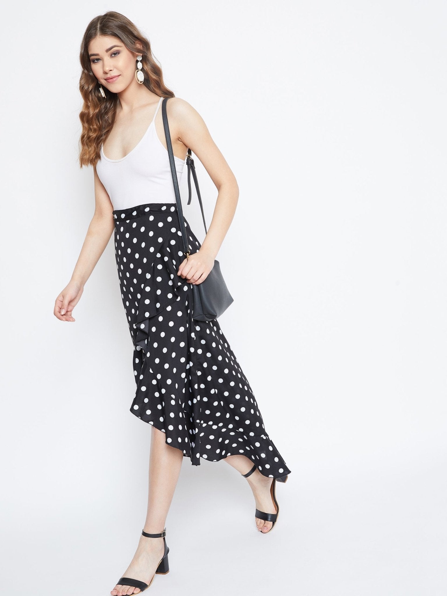 Folk Republic Women Black Polka Dot Print Ruffled Wrap Midi Skirt - #folk republic#