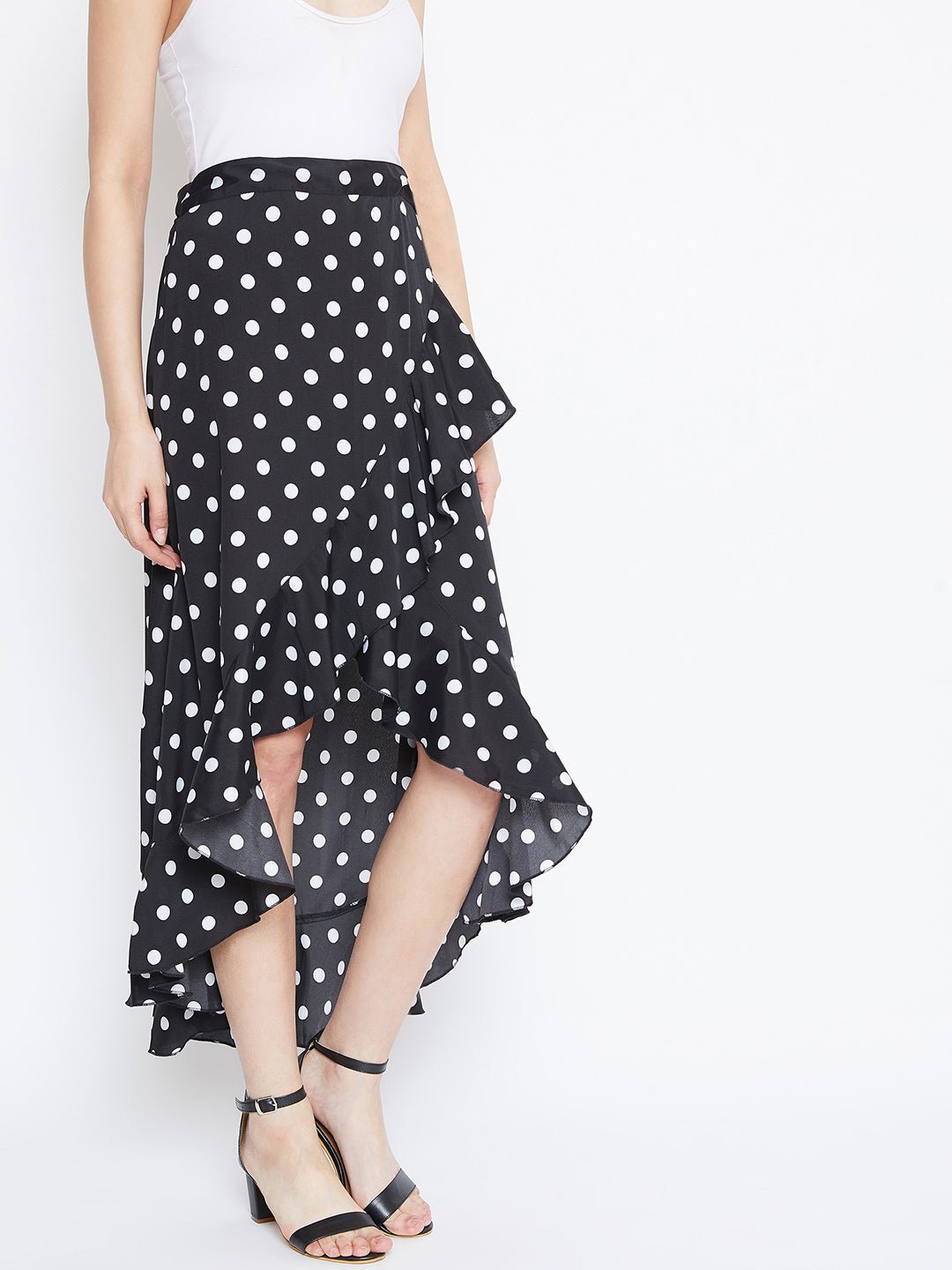 Folk Republic Women Black Polka Dot Print Ruffled Wrap Midi Skirt - #folk republic#