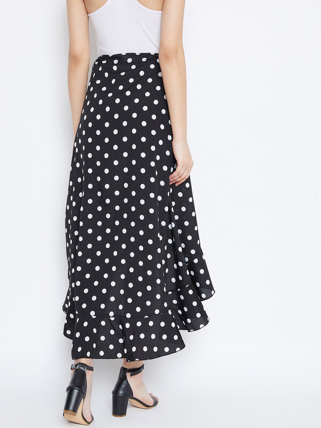 Folk Republic Women Black Polka Dot Print Ruffled Wrap Midi Skirt - #folk republic#