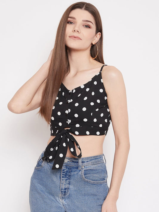Folk Republic Women Black Polka Dot Printed Crop Top - #folk republic#