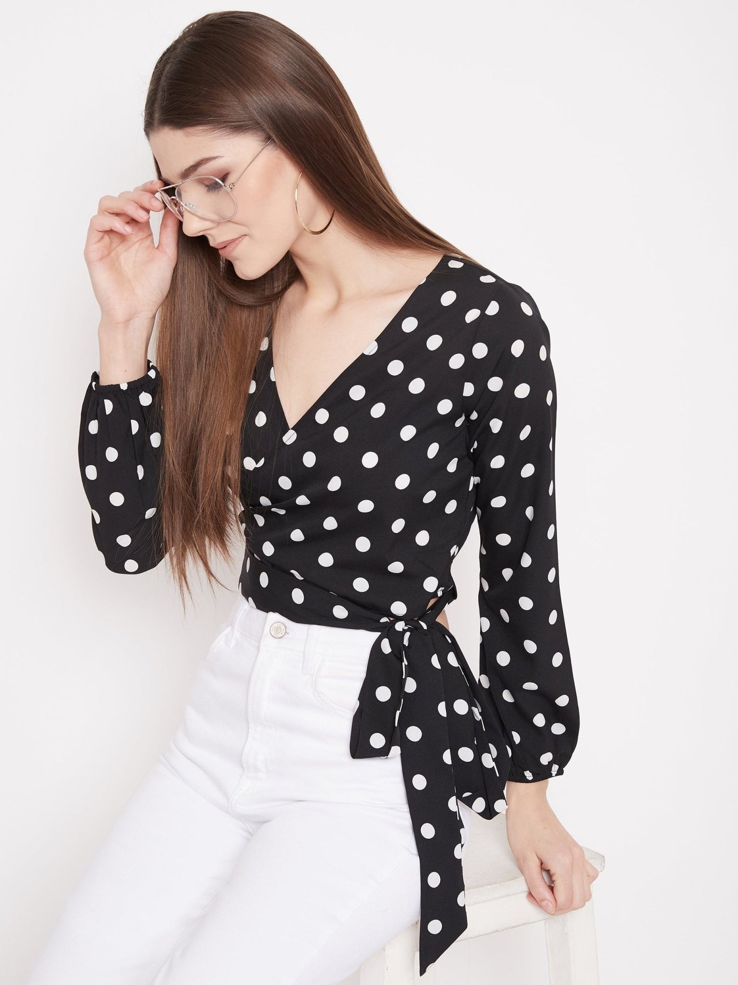 Folk Republic Women Black Polka Dot Printed Wrap Tie Crop Top - #folk republic#