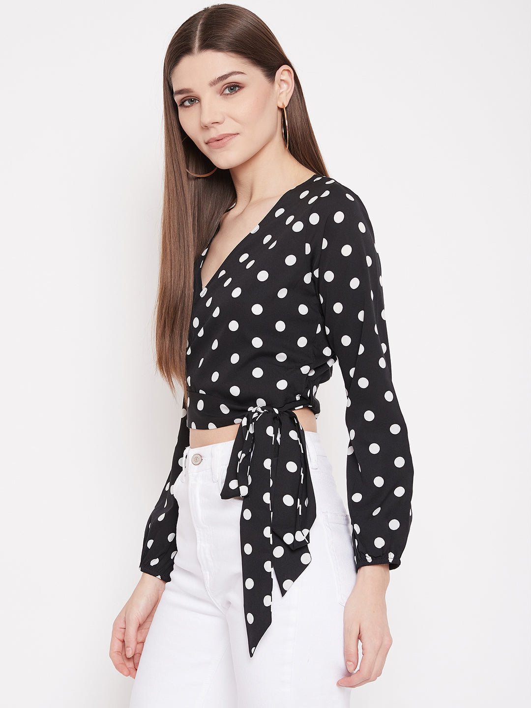 Folk Republic Women Black Polka Dot Printed Wrap Tie Crop Top - #folk republic#